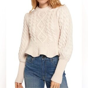 Joie Edita Peplum Cable Knit Sweater Wool In Porcelain Balloon Sleeves Size XS